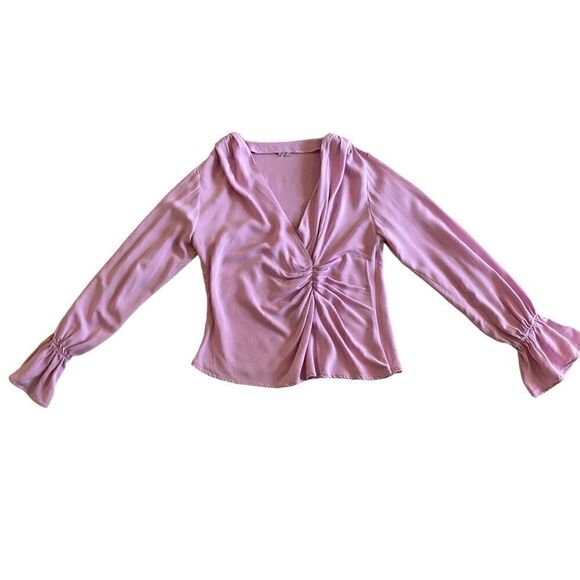 EUC ASOS Design Pink Long Sleeve Gathered Drape Front Top - Picture 3 of 11